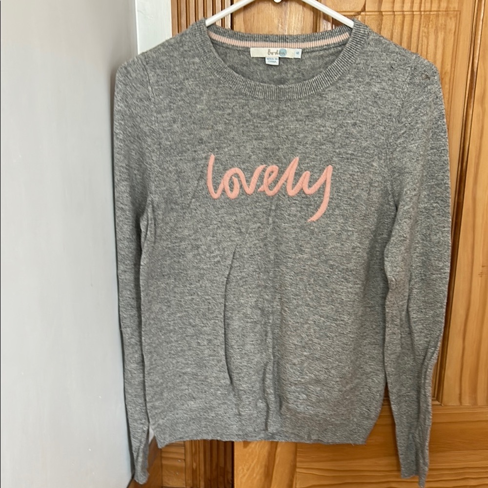 Gray Sweater with Pink 'Lovely' Embroidery